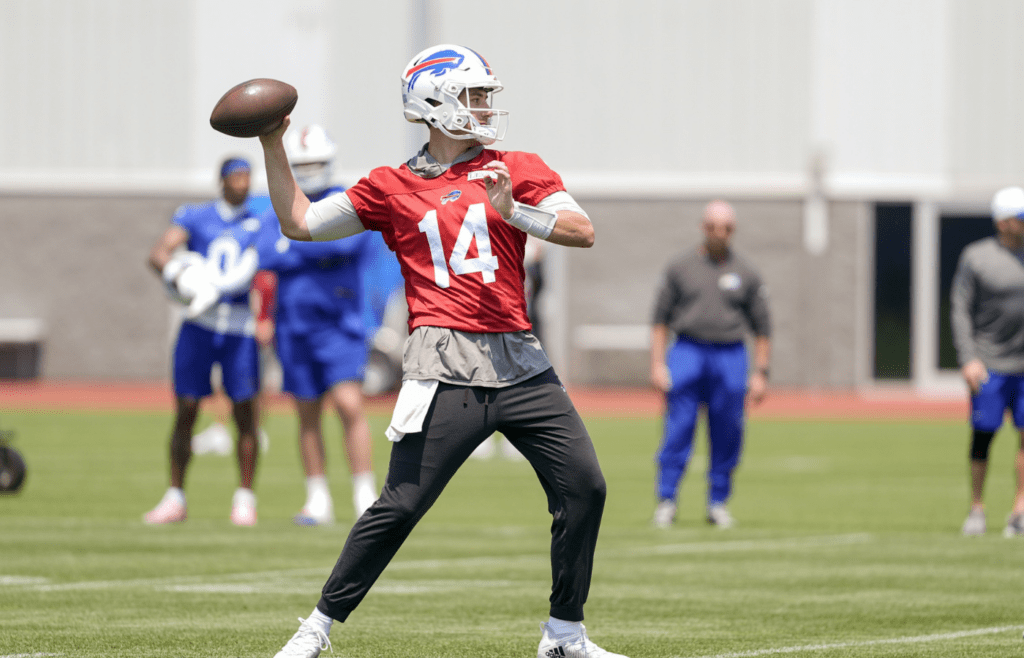 Jun 11, 2025; Orchard Park, NY, USA; Buffalo Bills quarterback Mike White (14) throws the ball during Minicamp at Highmark Stadium. Mandatory Credit: Gregory Fisher-Imagn Images