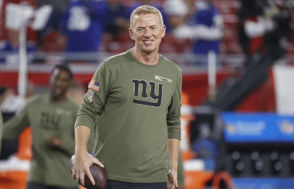 Nov 22, 2021; Tampa, Florida, USA; New York Giants offensive coordinator Jason Garrett against the Tampa Bay Buccaneers at Raymond James Stadium. Mandatory Credit: Kim Klement-Imagn Images