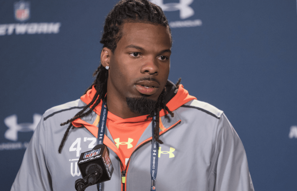 Feb 20, 2015; Indianapolis, IN, West Virginia wide receiver Kevin White speaks to the media at the 2015 NFL Combine at Lucas Oil Stadium. Mandatory Credit: Trevor Ruszkowski-Imagn Images