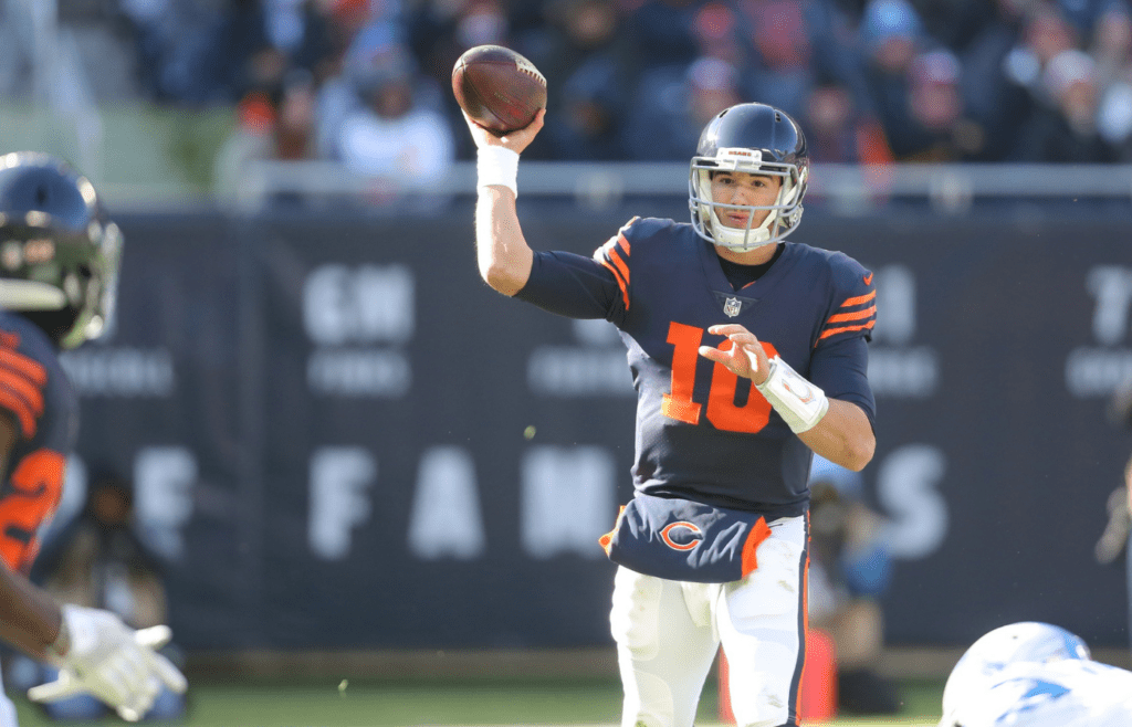Nov 19, 2017; Chicago, IL, USA; Chicago Bears quarterback Mitchell Trubisky (10) throws the ball during the first quarter against the Detroit Lions at Soldier Field. Mandatory Credit: Dennis Wierzbicki-Imagn Images