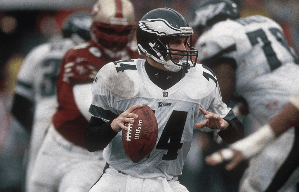 Philadelphia Eagles quarterback Ty Detmer (14) in action against the San Francisco 49ers during the 1996 NFC Wild Card game at 3Com Park.