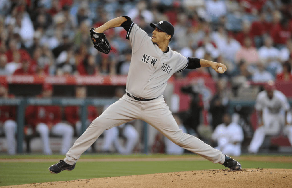 Jun 14, 2013; Anaheim, CA, USA; New York Yankees pitcher Andy Pettitte (46) pitches against the Los Angeles Angels during the first inning at Angel Stadium of Anaheim. Mandatory Credit: Kelvin Kuo-Imagn Images