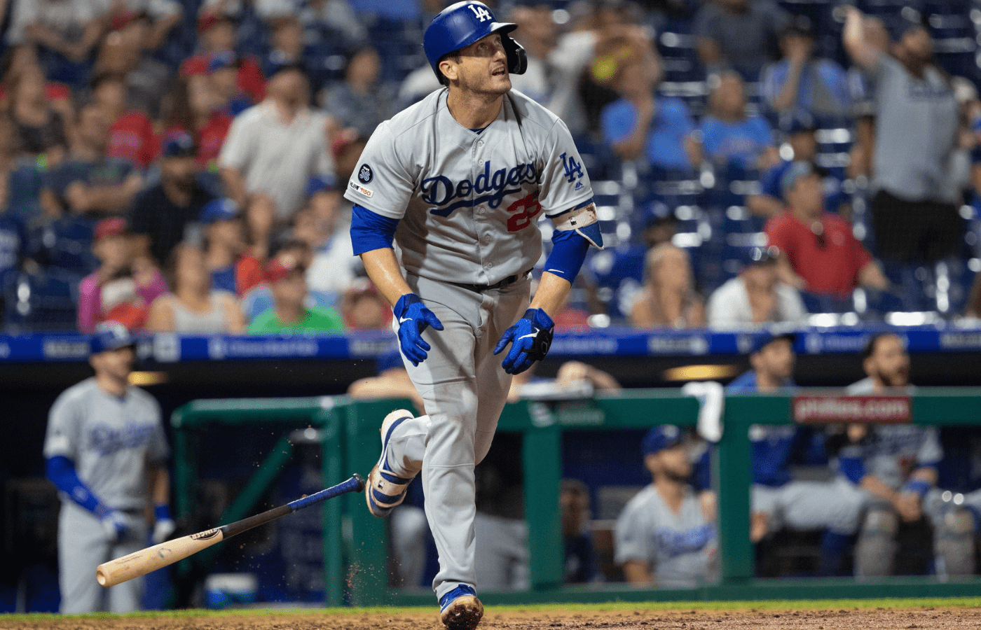 Jul 17, 2019; Philadelphia, PA, USA; Los Angeles Dodgers first baseman David Freese (25) hits a two RBI home run during the seventh inning against the Philadelphia Phillies at Citizens Bank Park. Mandatory Credit: Bill Streicher-Imagn Images