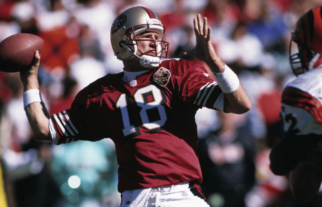 Oct 20, 1996; San Francisco, CA, USA; FILE PHOTO; San Francisco 49ers quarterback Elvis Grbac (18) in action against the Cincinnati Bengals at 3Com Park. Mandatory Credit: Peter Brouillet-USA TODAY NETWORK
