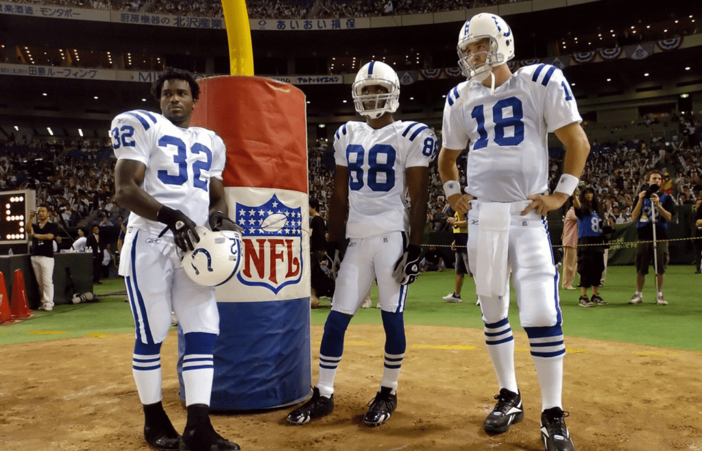 Indianapolis Colts Peyton Manning,right, Marvin Harrison, and Edgerrin James, left, wait to be introduced before their pre-season football game against the Atlanta Falcons Saturday night at the Tokyo Dome in Tokyo on Aug 6, 2005. 06 Colts07 116207 Jpg