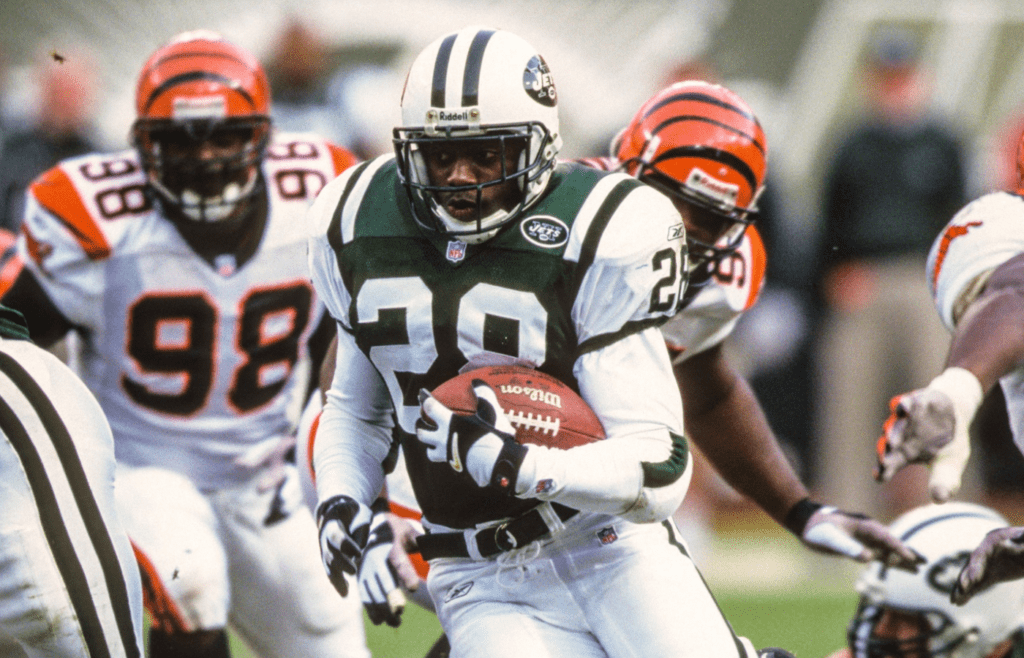 Dec 16, 2001; East Rutherford, NJ, USA; FILE PHOTO; New York Jets running back Curtis Martin (28) in action against the Cincinnati Bengals at Giants Stadium. Mandatory Credit: Lou Capozzola-USA TODAY NETWORK