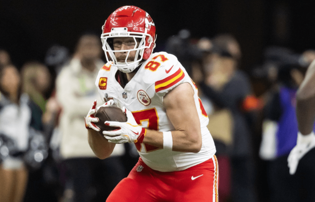 Feb 9, 2025; New Orleans, LA, USA; Kansas City Chiefs tight end Travis Kelce (87) against the Philadelphia Eagles in Super Bowl LIX at Ceasars Superdome. Mandatory Credit: Mark J. Rebilas-Imagn Images