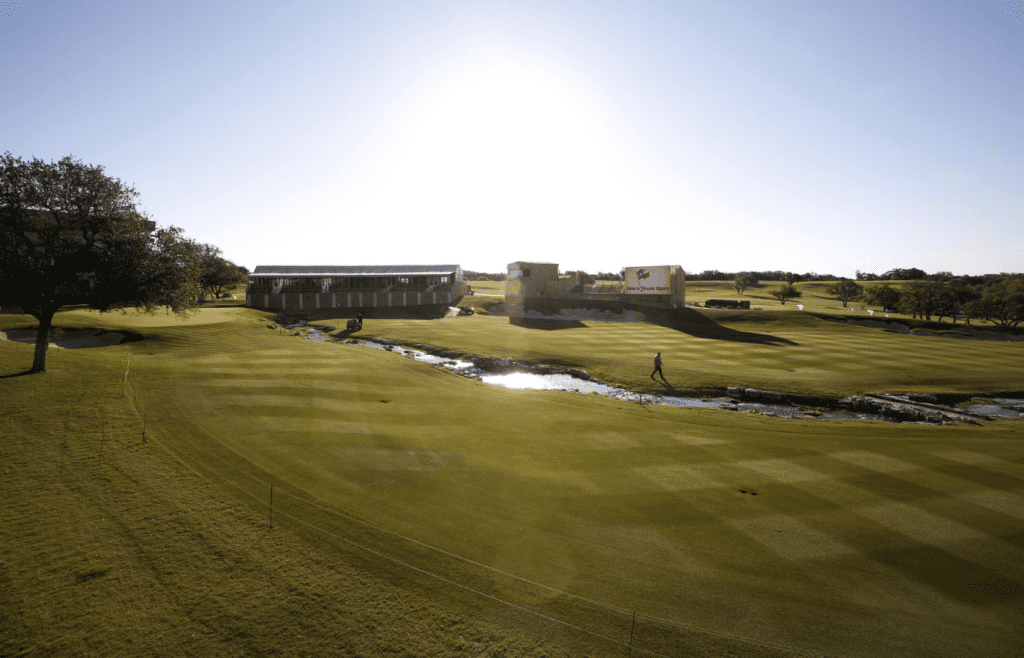 Apr 22, 2018; San Antonio, TX, USA; A general view of the 18th hole during the final round of the Valero Texas Open golf tournament at TPC San Antonio - AT&T Oaks Course. Mandatory Credit: Soobum Im-Imagn Images