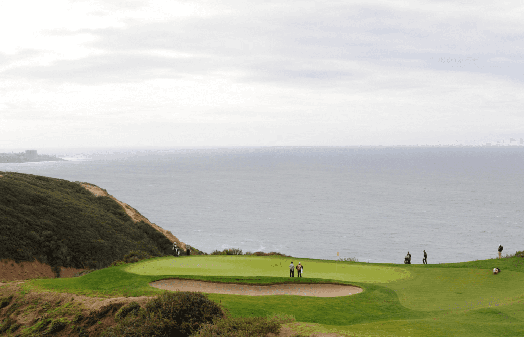 January 31, 2016; La Jolla, CA, USA; General view of the third hole course green and Pacific Ocean during the final round of the Farmers Insurance Open golf tournament at Torrey Pines Municipal Golf Course - South Course. Mandatory Credit: Gary A. Vasquez-Imagn Images
