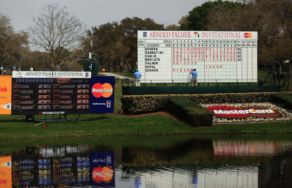 March. 24, 2010; Orlando, FL, USA; General view of the scoreboard on the seventh hole during the Pro-Am round of the Arnold Palmer Invitational at the Bay Hill Club & Lodge. Mandatory Credit: Allan Henry-Imagn Images