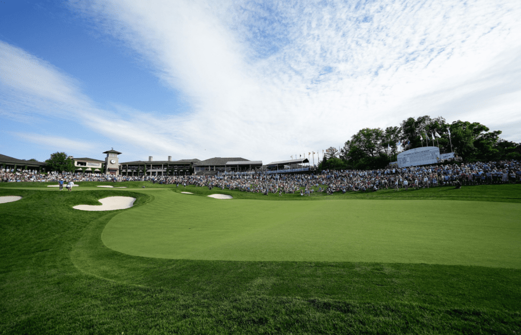 Jun 8, 2024; Dublin, Ohio, USA; A general view of the 18th green as Scottie Scheffler and Adam Hadwin play their round during the third round of the Memorial Tournament at Muirfield Village Golf Club