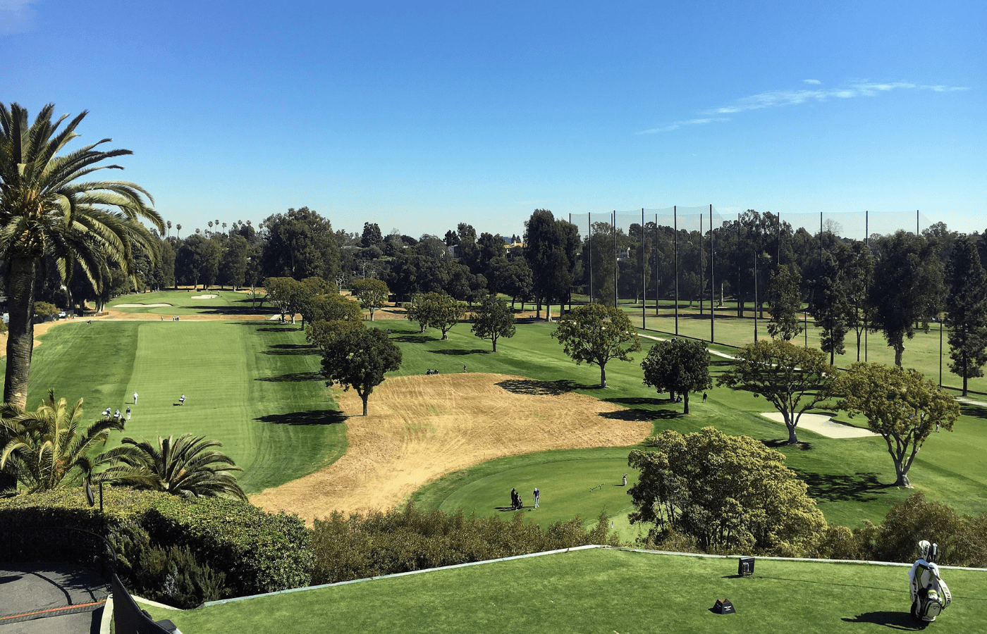 Feb 20, 2021; Pacific Palisades, California, USA; General view of the first hole course during the third round of The Genesis Invitational golf tournament at Riviera Country Club. Mandatory Credit: Gary A. Vasquez-Imagn Images