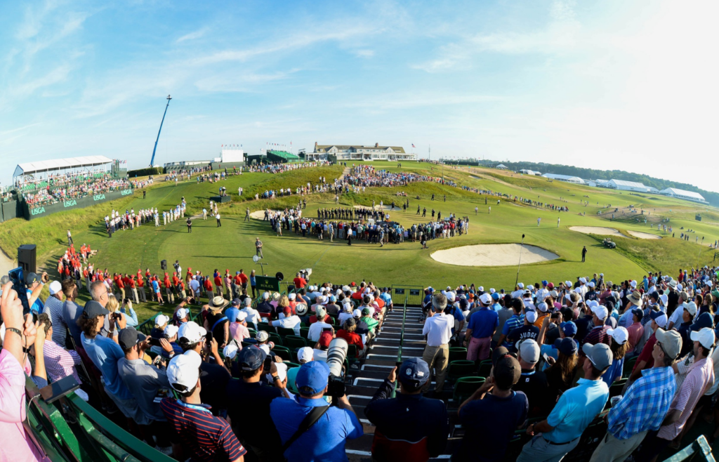 Jun 17, 2018; Southampton, NY, USA; Overall view during the trophy presentation for Brooks Koepka after the final round of the U.S. Open golf tournament at Shinnecock Hills GC - Shinnecock Hills Golf C. Mandatory Credit: Dennis Schneidler-Imagn Images
