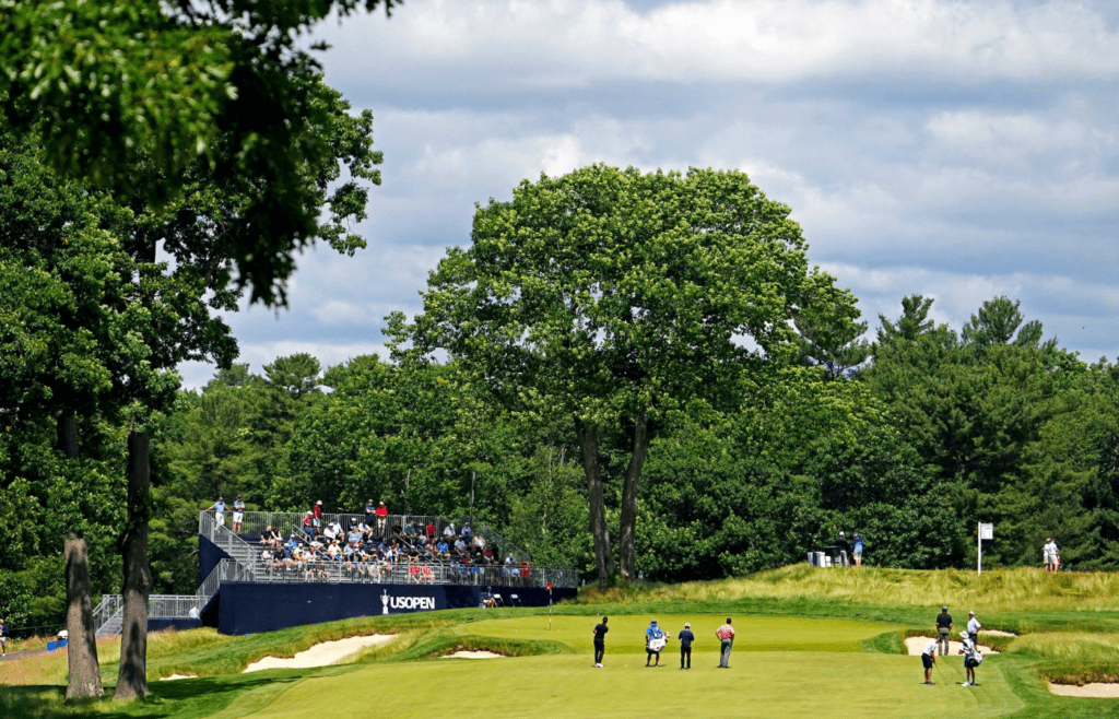 Jun 15, 2022; Brookline, Massachusetts, USA; A view of the seventh hole during a practice round of the U.S. Open golf tournament at The Country Club. Mandatory Credit: Peter Casey-Imagn Images
