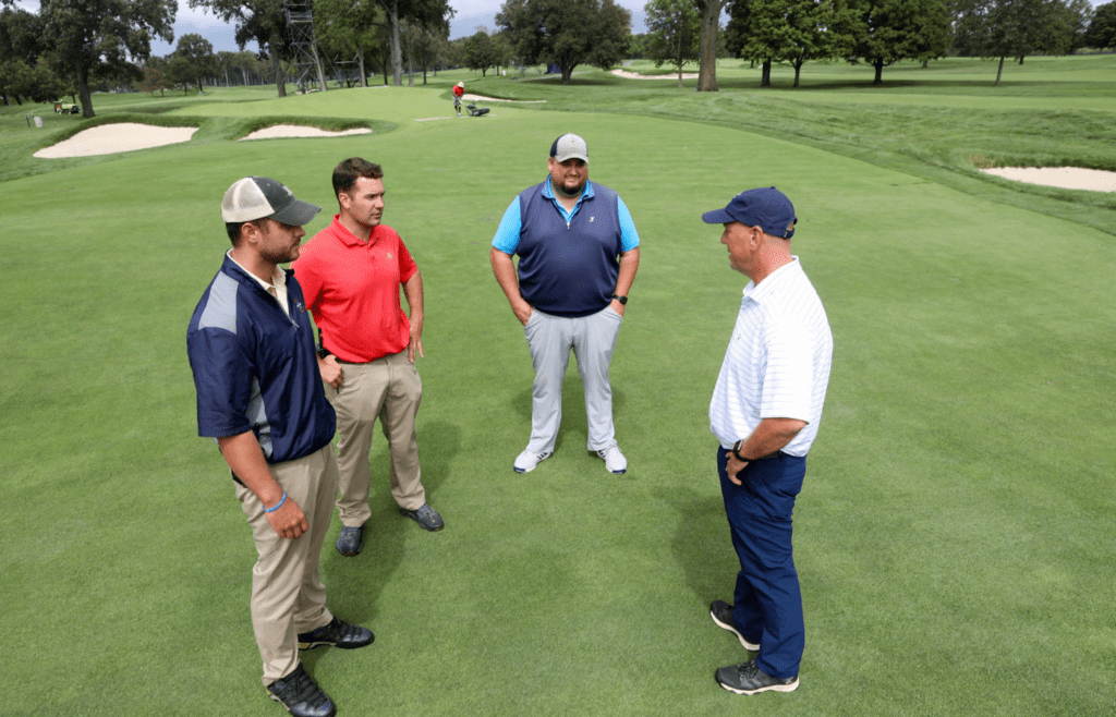 From right, Steve Rabideau, Director of Golf Courses at Winged Foot, speaks with his assistants, J.R. Lapin, West Course superintendent, Steve Bigelow, East Coast superintendent and Weston Neff, U.S. Open superintendent , as they look over course conditions at Winged Foot Golf Club in Mamaroneck Sept. 1, 2020. Winged Foot will host the U.S. Open Sept. 17-20. Winged Foot
