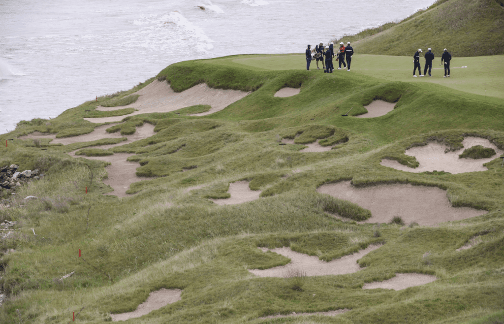 September 23, 2021; Haven, Wisconsin, USA; General view of the third green during a practice round for the 43rd Ryder Cup golf competition at Whistling Straits. Mandatory Credit: Orlando Ramirez-Imagn Images