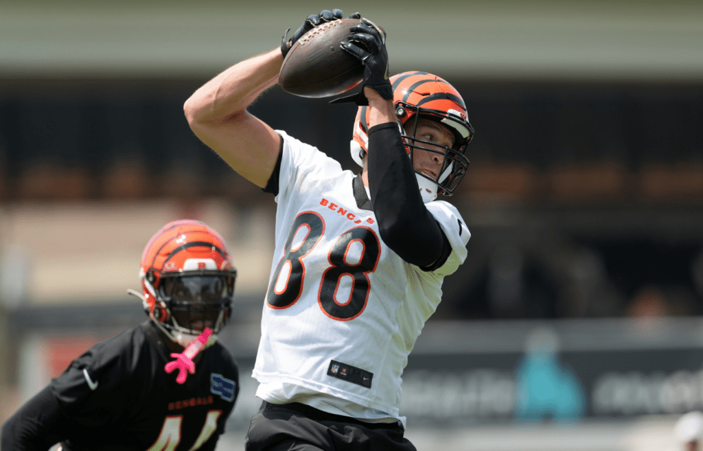 Cincinnati Bengals tight end Mike Gesicki (88) completes a catch during practice at Paycor Stadium.