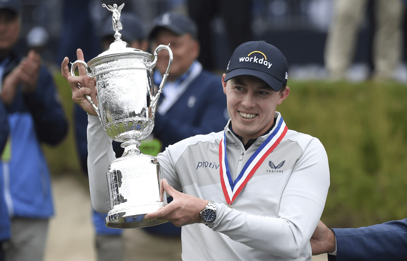Jun 19, 2022; Brookline, Massachusetts, USA; Matt Fitzpatrick holds the championship trophy after winning the 2022 U.S. Open golf tournament. Mandatory Credit: Bob DeChiara-Imagn Images