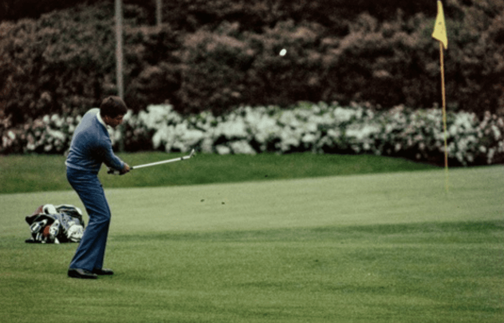 04/12/1984; Augusta, Georgia, USA; Seve Ballesteros chips ball onto green at the Augusta National Golf Course during the 1984 Masters. Mandatory Credit: File Photo -The Augusta Chronicle via USA TODAY NETWORK