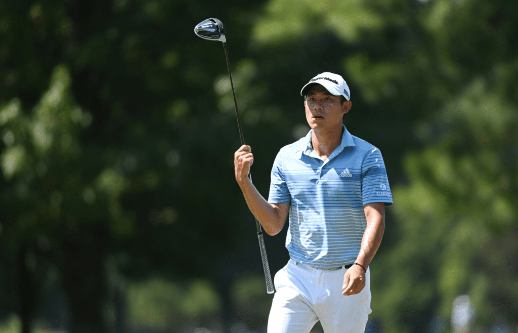 Sep 7, 2020; Atlanta, Georgia, USA; Collin Morikawa twirls his club on the way to the 5th tee during the final round of the Tour Championship golf tournament at East Lake Golf Club. Mandatory Credit: Adam Hagy-Imagn Images