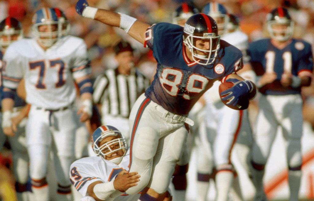 Jan 25,1987; Pasadena, CA, USA; FILE PHOTO; New York Giants tight end #89 Mark Bavaro in action against the Denver Broncos during Super Bowl XXI at the Rose Bowl. The Giants defeated the Broncos winning their first Super bowl 39-20. Mandatory Credit: Photo By Malcolm Emmons-Imagn Images © Copyright 1987 Malcolm Emmons