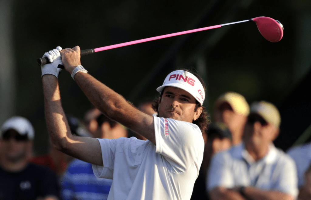 Apr 8, 2012; Augusta, GA, USA; Bubba Watson hits his tee shot on the 18th tee box in the first hole of the playoff during the final round of the 2012 The Masters golf tournament at Augusta National Golf Club. Mandatory Credit: Michael Madrid-Imagn Images