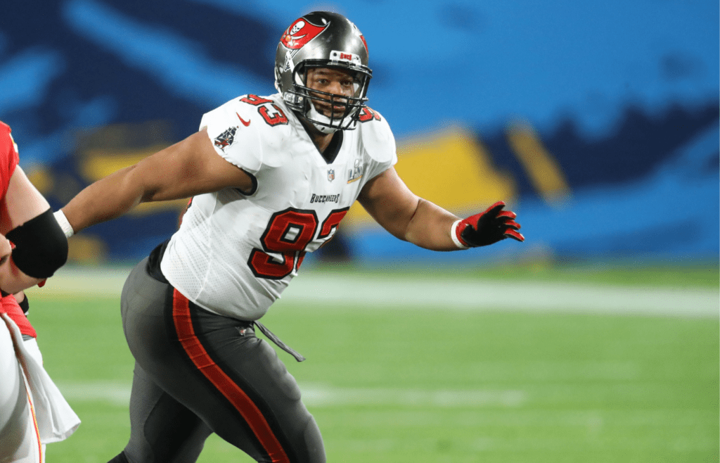 Feb 4, 2021; Tampa, FL, USA; Tampa Bay Buccaneers defensive end Ndamukong Suh (93) against the Kansas City Chiefs in Super Bowl LV at Raymond James Stadium. Mandatory Credit: Mark J. Rebilas-Imagn Images