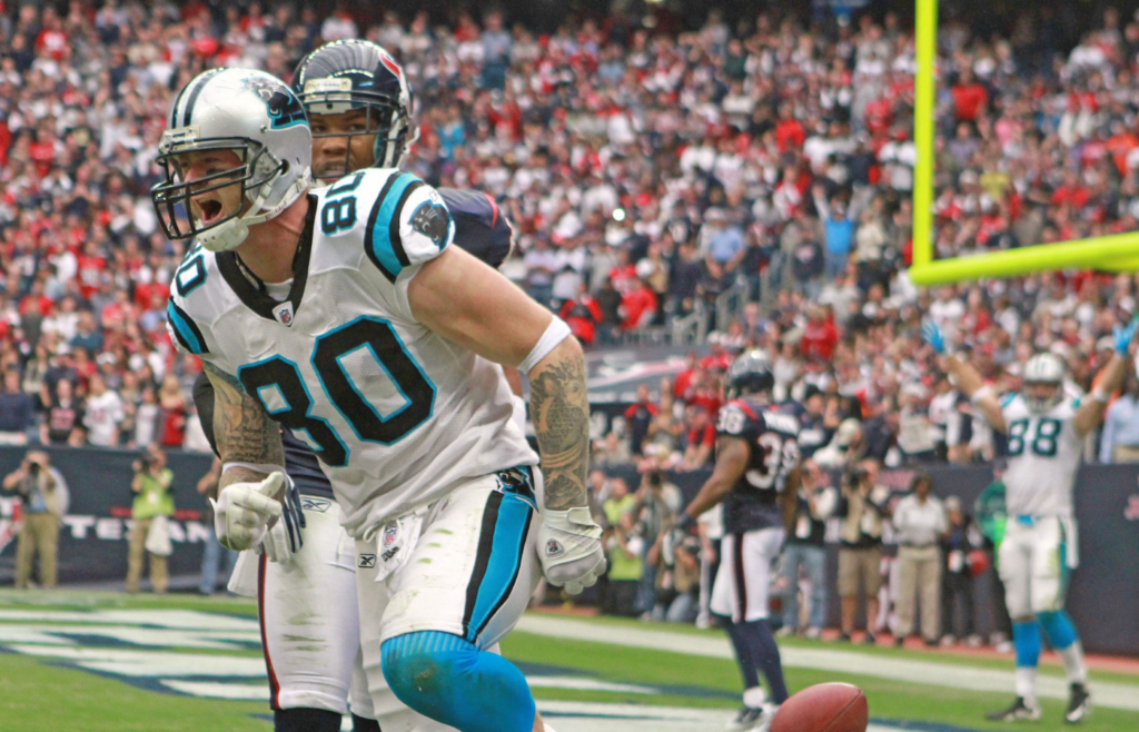 Carolina Panthers tight end Jeremy Shockey (80) celebrates a first half touchdown against the Houston Texans at Reliant Stadium.