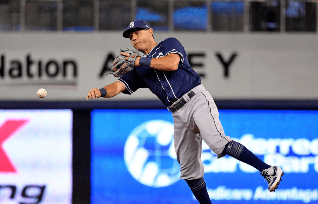 Jul 16, 2019; Miami, FL, USA; San Diego Padres second baseman Ian Kinsler (3) throws out a Miami Marlins base runner in the first inning at Marlins Park. Mandatory Credit: Jasen Vinlove-Imagn Images