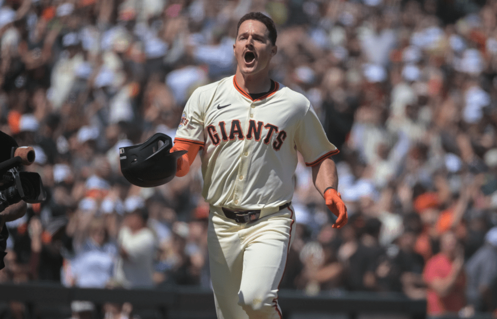 Jun 7, 2025; San Francisco, California, USA; San Francisco Giants third baseman Matt Chapman (26) celebrates after hitting a walk off home run against the Atlanta Braves during the ninth inning at Oracle Park. Mandatory Credit: Ed Szczepanski-Imagn Images