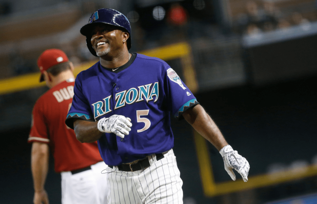 Diamondbacks Purple team's Tony Womack (5) reacts after grounding out against the Red team during the Generations Diamondbacks Alumni game at Chase Field in Phoenix, Ariz. on Aug. 4, 2018. Diamondbacks