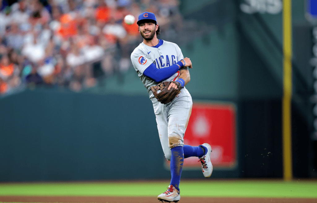 Jun 29, 2025; Houston, Texas, USA; Chicago Cubs shortstop Dansby Swanson (7) throws a fielded ball to first base for an out against the Houston Astros during the sixth inning at Daikin Park. Mandatory Credit: Erik Williams-Imagn Images
