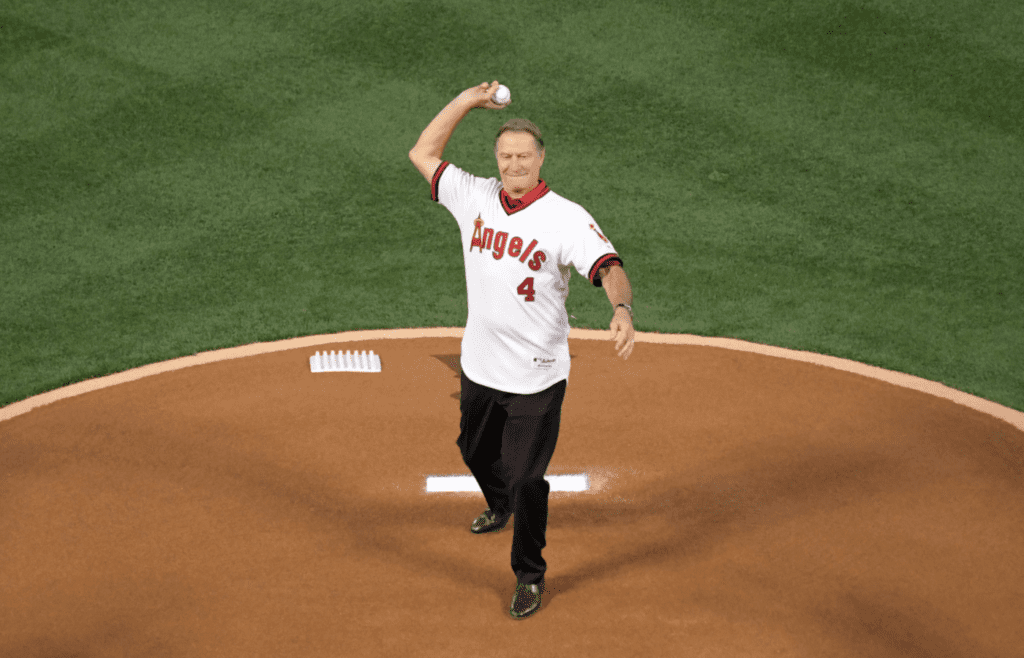 Apr 4, 2019; Anaheim, CA, USA; Los Angeles Angels former player Bobby Grich throws out the ceremonial first pitch before the game against the Texas Rangers at Angel Stadium of Anaheim. Mandatory Credit: Kirby Lee-Imagn Images