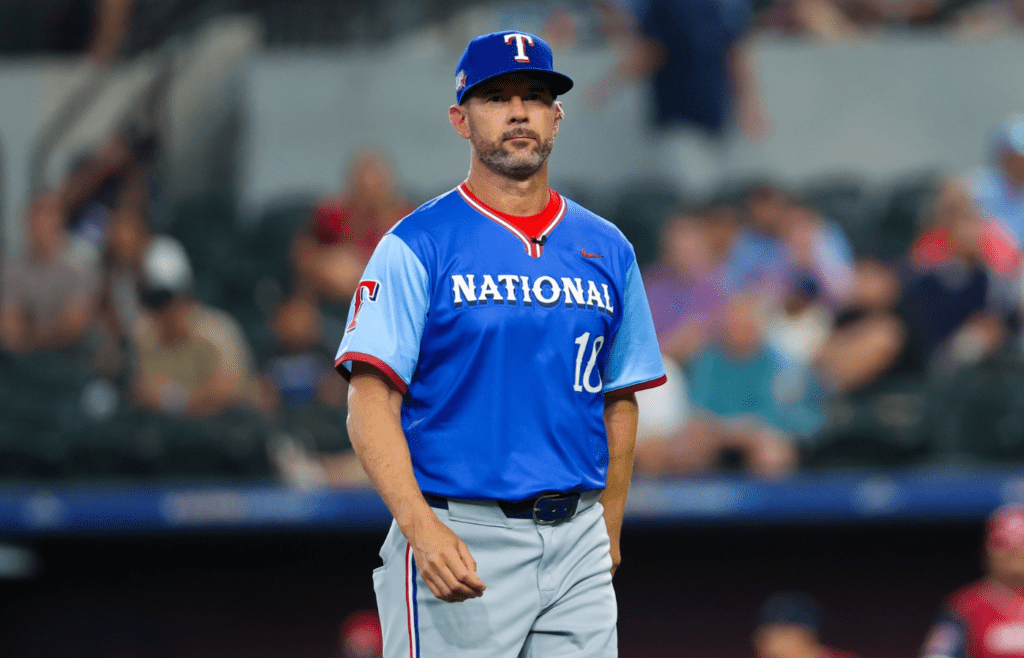 Jul 13, 2024; Arlington, TX, USA; National League Future team manager Michael Young during the game against the American League Future team during the Major league All-Star Futures game at Globe Life Field. Mandatory Credit: Kevin Jairaj-Imagn Images