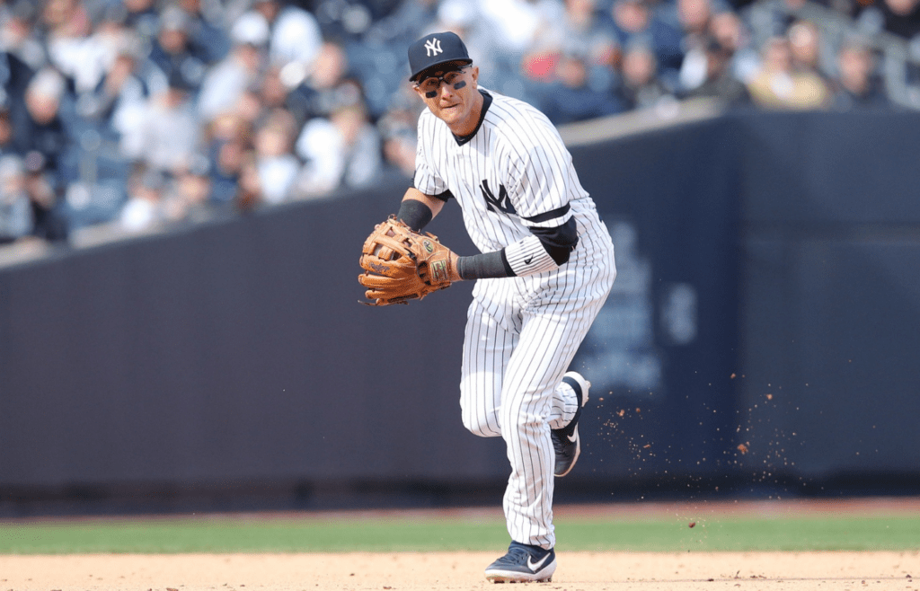 Mar 28, 2019; Bronx, NY, USA; New York Yankees shortstop Troy Tulowitzki (12) in action against the Baltimore Orioles at Yankee Stadium. Mandatory Credit: Brad Penner-Imagn Images