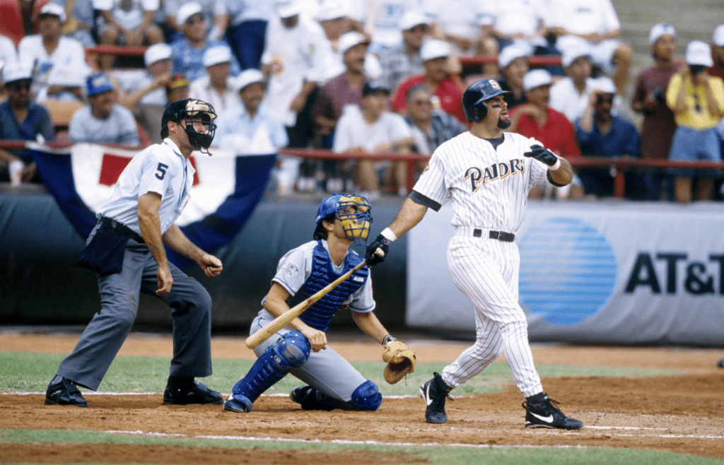 1996, San Diego, CA, USA; FILE PHOTO; San Diego Padres third baseman Ken Caminiti in action at the plate at Jack Murphy Stadium during the 1996 season. Mandatory Credit: RVR Photos-Imagn Images