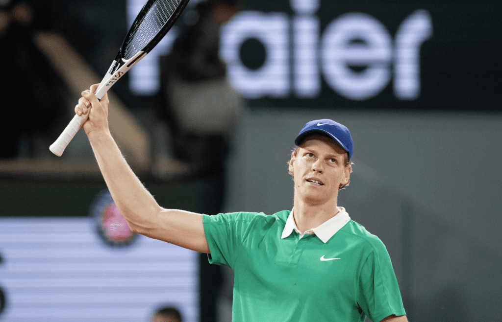 Jun 6, 2025; Paris, FR; Jannik Sinner of Italy celebrates winning his match against Novak Djokovic of Serbia on day 13 at Roland Garros Stadium. Mandatory Credit: Susan Mullane-Imagn Images