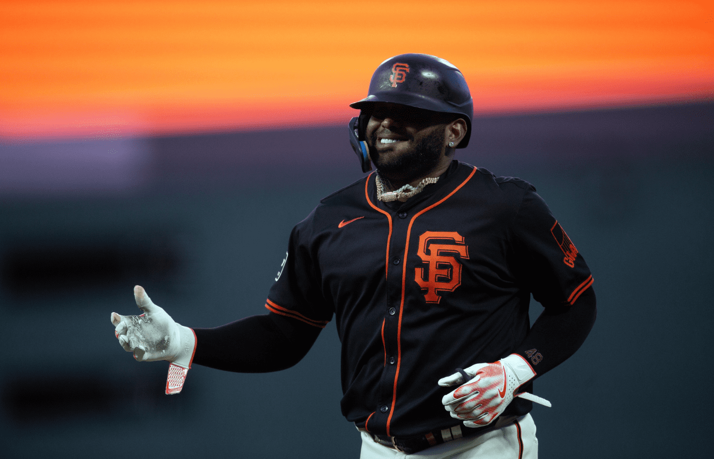 Mar 26, 2024; San Francisco, California, USA; San Francisco Giants third baseman Pablo Sandoval smiles as he is removed for a pinch runner after singling against the Oakland Athletics during the ninth inning at Oracle Park. Mandatory Credit: D. Ross Cameron-Imagn Images