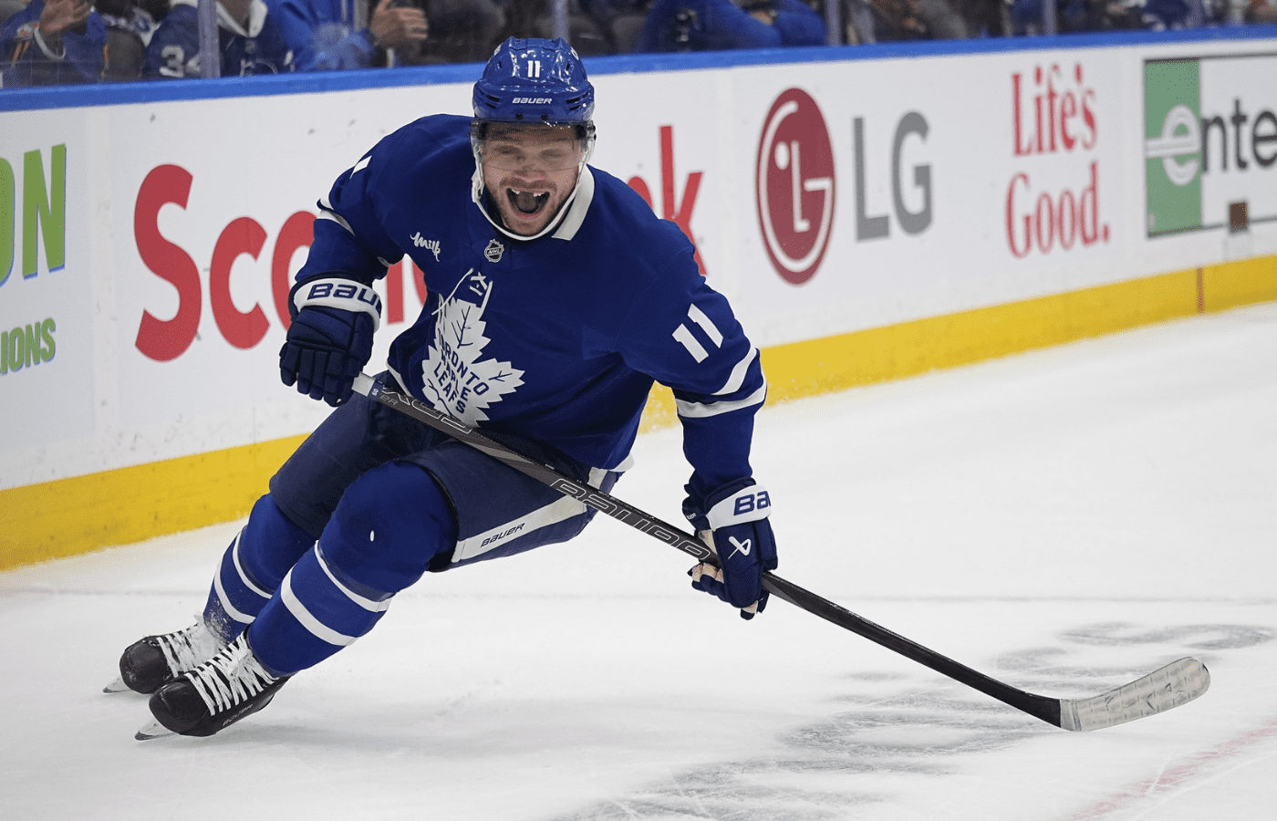 May 5, 2025; Toronto, Ontario, CAN; Toronto Maple Leafs forward Max Domi (11) reacts after his scoring chance against the Florida Panthers during the third period of the second round of the 2025 Stanley Cup Playoffs at Scotiabank Arena. Mandatory Credit: John E. Sokolowski-Imagn Images