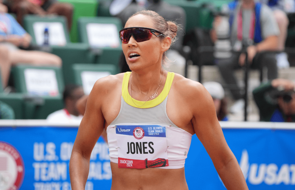 Jun 29, 2024; Eugene, OR, USA; Lolo Jones reacts after running in a women's 100m hurdles semifinal during the US Olympic Team Trials at Hayward Field. Mandatory Credit: Kirby Lee-Imagn Images