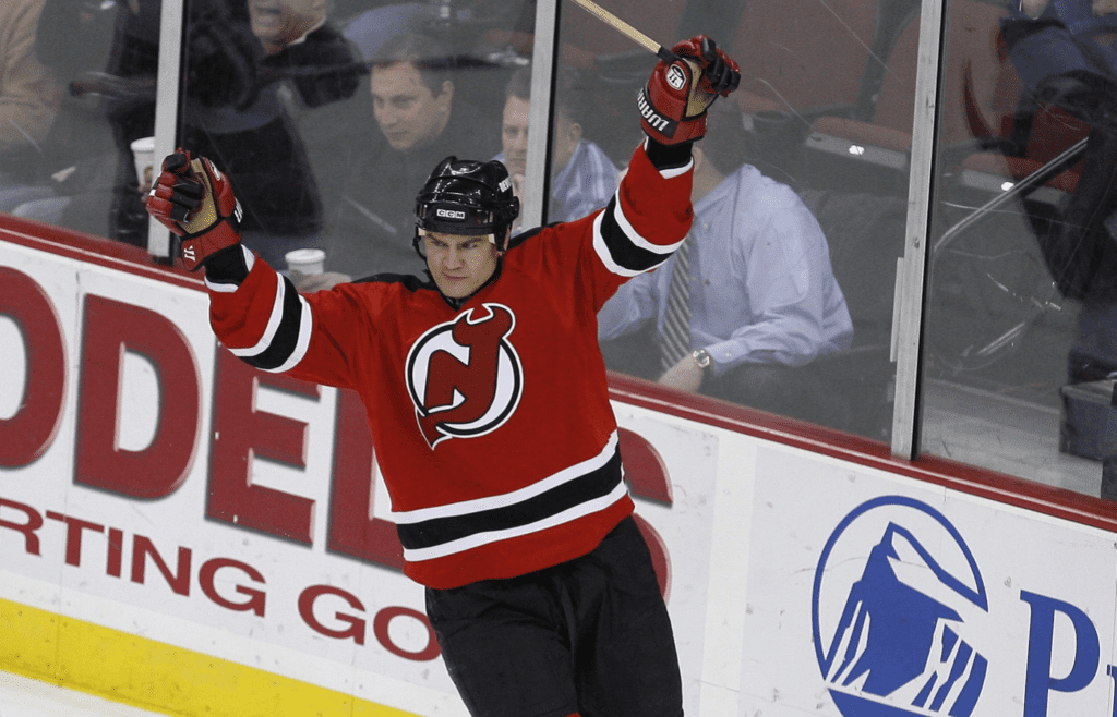 Feb 9, 2009; Newark, NJ, USA; New Jersey Devils center Bobby Holik (16) celebrates his goal during the second period against the New York Rangers at the Prudential Center. Mandatory Credit: Ed Mulholland-Imagn Images