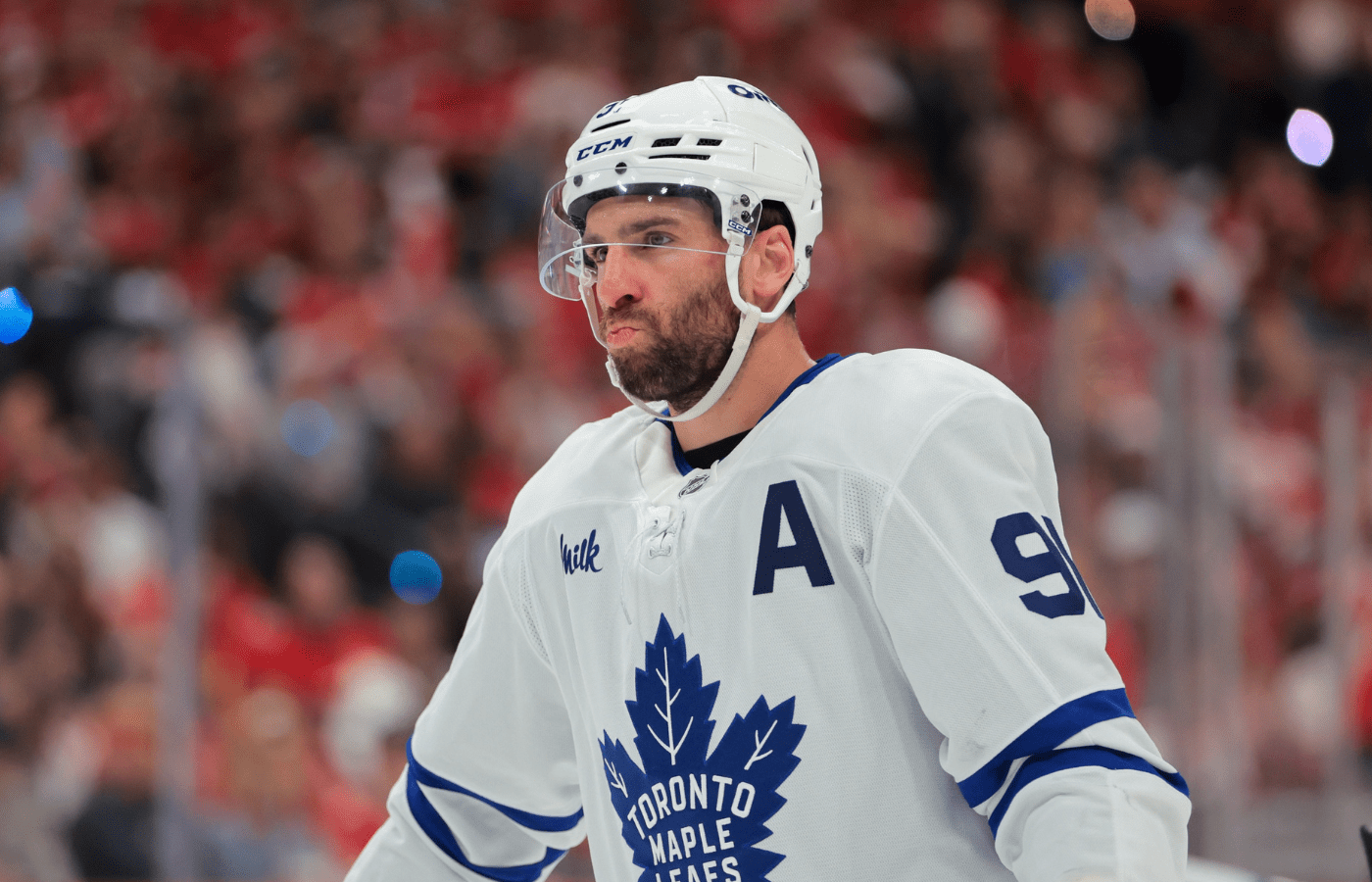 May 16, 2025; Sunrise, Florida, USA; Toronto Maple Leafs center John Tavares (91) looks on against the Florida Panthers during the first period in game six of the second round of the 2025 Stanley Cup Playoffs at Amerant Bank Arena. Mandatory Credit: Sam Navarro-Imagn Images
