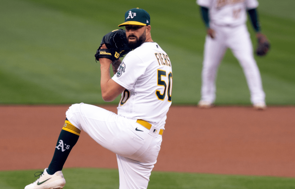 Apr 30, 2021; Oakland, California, USA; Oakland Athletics starting pitcher Mike Fiers delivers a pitch against the Baltimore Orioles during the first inning at RingCentral Coliseum. Mandatory Credit: D. Ross Cameron-Imagn Images