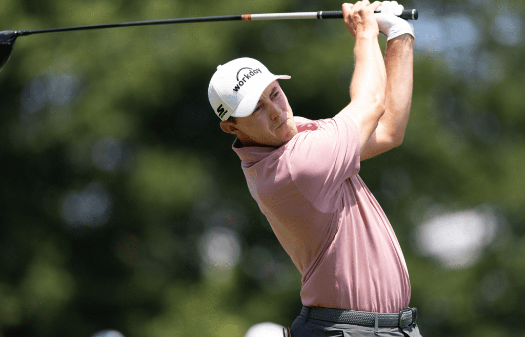 Jun 19, 2025; Cromwell, Connecticut, USA; Matt Fitzpatrick plays his shot from the first tee during the first round of the Travelers Championship golf tournament. Mandatory Credit: Bill Streicher-Imagn Images
