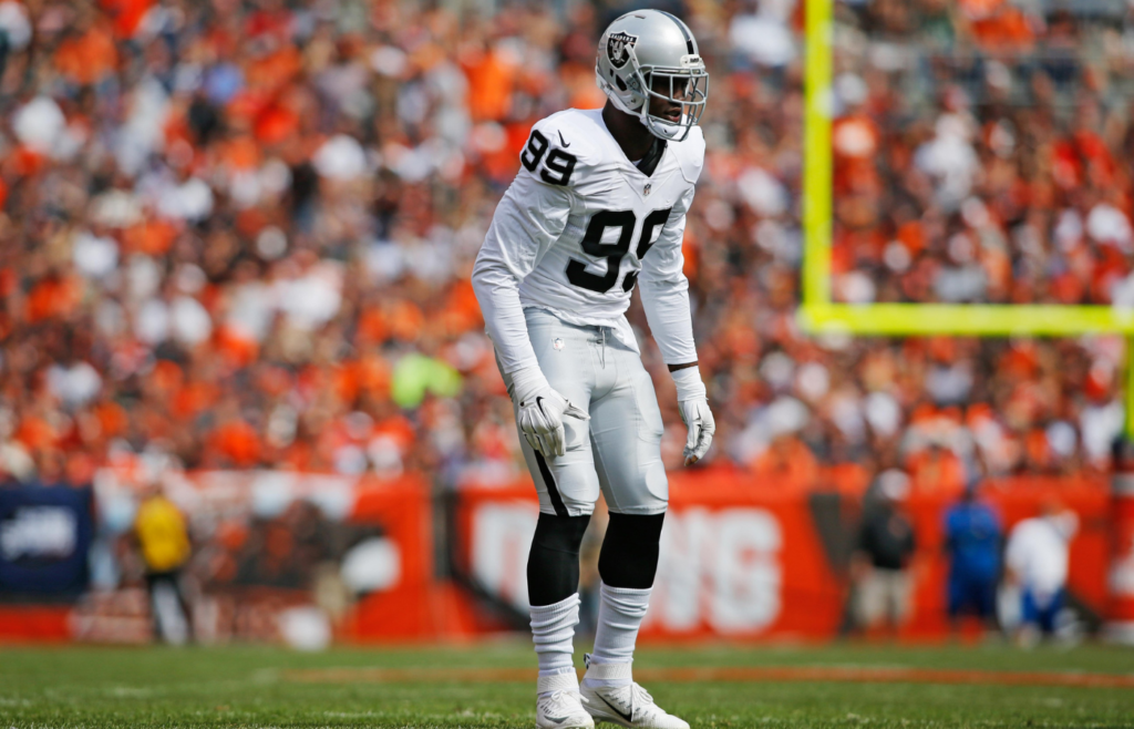 Sep 27, 2015; Cleveland, OH, USA; Oakland Raiders defensive end Aldon Smith (99) during the first quarter at FirstEnergy Stadium. Mandatory Credit: Scott R. Galvin-Imagn Images