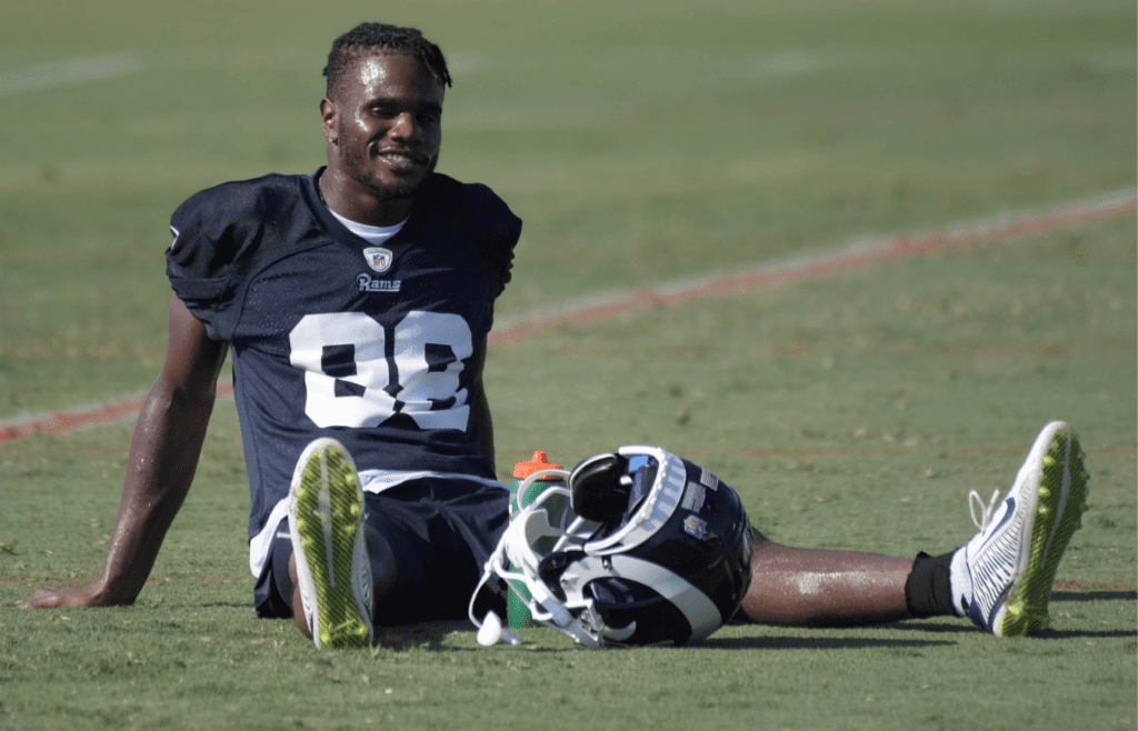 Jul 27, 2018; Irvine, CA, USA; Los Angeles Rams receiver Michael Thomas (88) stretches during training camp at UC Irvine. Mandatory Credit: Kirby Lee-Imagn Images