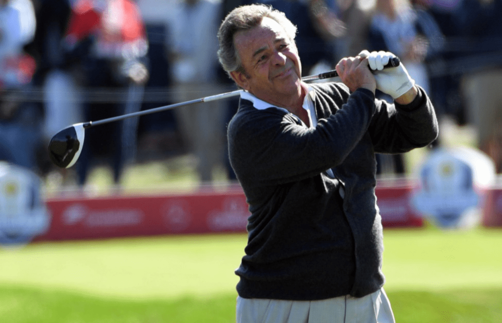 Sep 29, 2016; Chaska, MN, USA; Tony Jacklin plays his shot from the ninth tee during a practice round for the 41st Ryder Cup at Hazeltine National Golf Club. Mandatory Credit: Michael Madrid-Imagn Images