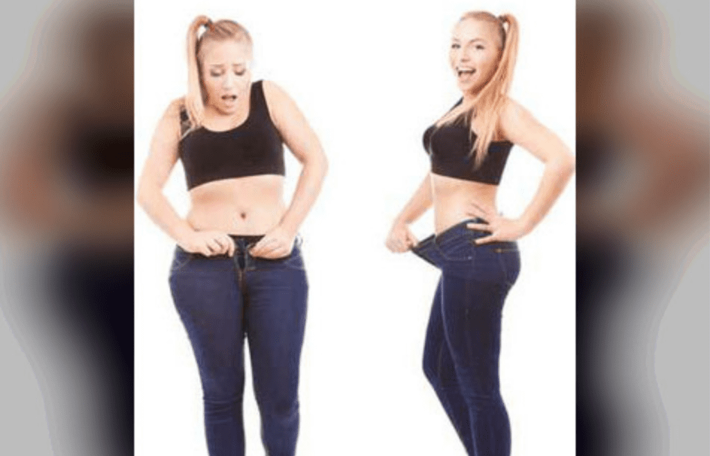 Woman shows before-and-after weight loss results