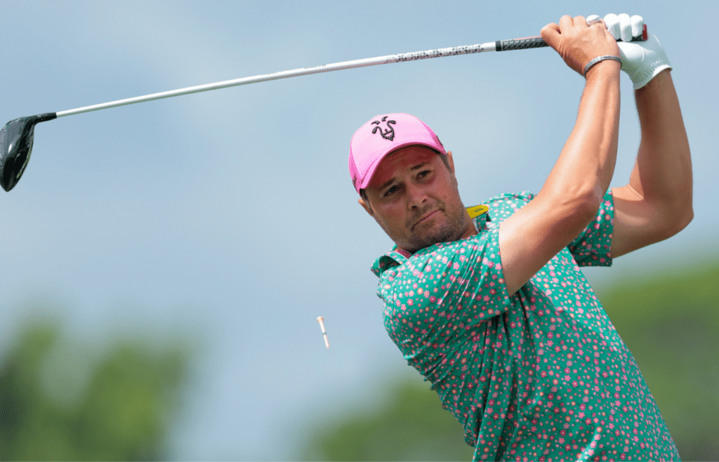 Apr 5, 2025; Miami, Florida, USA; Peter Uihlein plays his shot from the third tee during the second round of the LIV Golf Miami golf tournament at Trump National Doral. Mandatory Credit: Sam Navarro-Imagn Images
