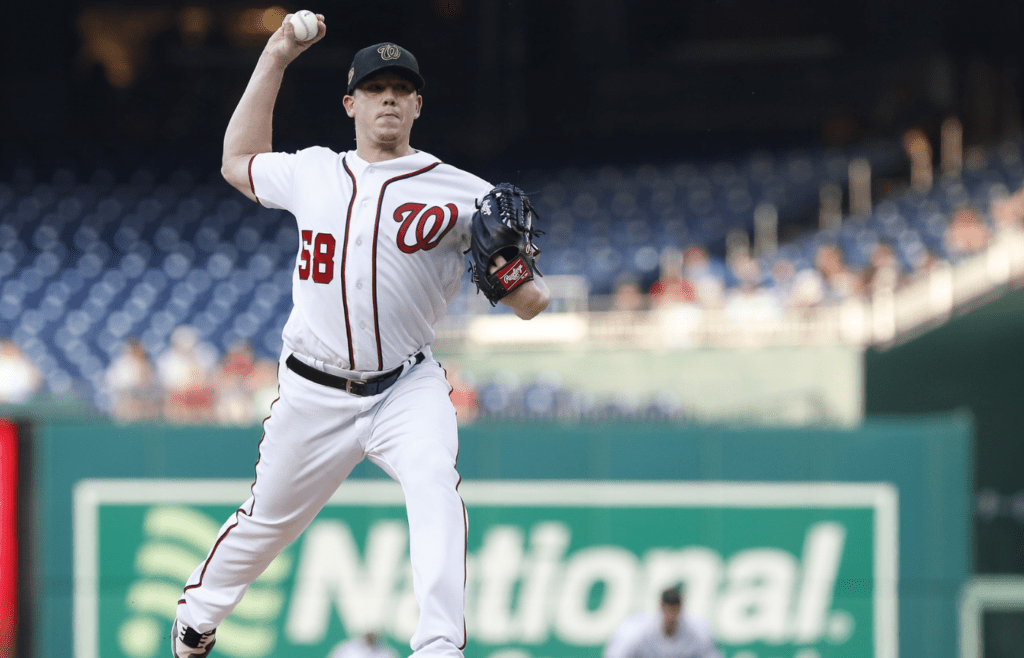 May 19, 2019; Washington, DC, USA; Washington Nationals starting pitcher Jeremy Hellickson (58) pitches against the Chicago Cubs in the first inning at Nationals Park. Mandatory Credit: Geoff Burke-Imagn Images